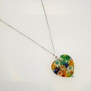 Heart Shaped Millefiori Murano Glass Pendant On 18" Sterling Silver Chain. 925